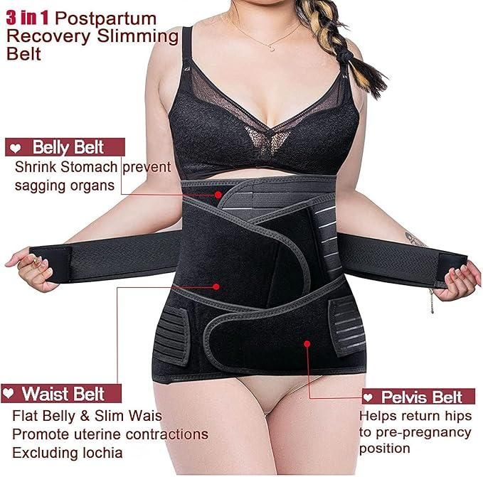 3 in 1 Postpartum Belly Band Post Pregnancy Abdominal Belt for Women After Birth Belly/Waist/Pelvis Wrap Postnatal Shapewear, (Fit from 30 Inch to 46 Inches of Waist) Black